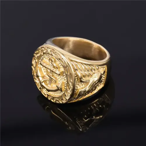 RTM457 Men's Titanium Steel Ring Gold Anchor Navy Fishhook Design Punk Jewelry