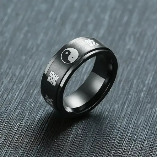 RTM29 Titanium Steel Black Men's Ring Laser-Engraved Taoist Mantra Design