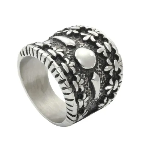RTM1896 Nightclub-Inspired Wide Stainless Steel Ring with Engraved Crow & Flower Design
