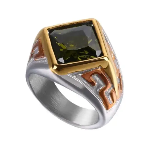 RTM311 Three-Color Great Wall Pattern Titanium Steel Ring Unisex Large Gemstone Jewelry