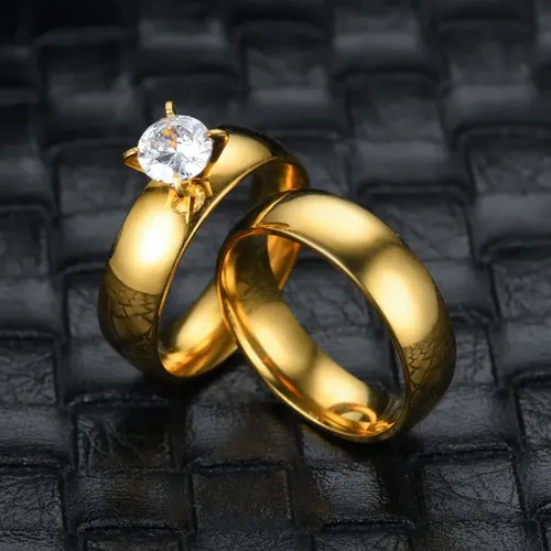 RTM986 18K Gold Zircon Couple Rings Elegant Stainless Steel Jewelry for Men & Women