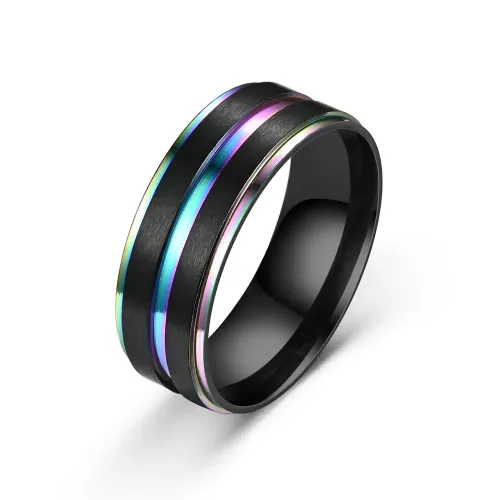 RTM2850 8MM Two-Tone Black & Silver Three-Step Ring Modern Design