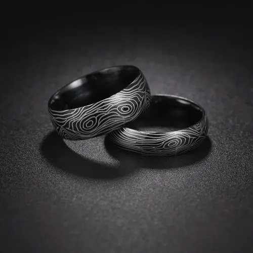 RTM1199 6/8MM Damascus Steel Pattern Stainless Pair Rings Spherical Design Inside & Out