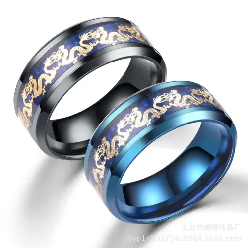 RTM2841 Black Blue Carbon Fiber Stainless Steel Double Dragon Ring