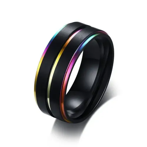 RTM17 Men's Rainbow Stainless Steel Ring Bold Black Body Jewelry