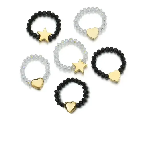 RTM2596 Love Star Telescopic Stretch Ring for Women Elegant Black Beaded Accessory