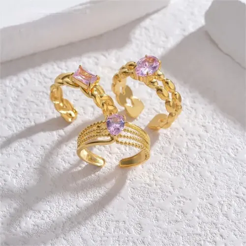 RTM2476 18K Gold Plated Stainless Steel Ring with Zircon & Geometric Wheat Braid Design