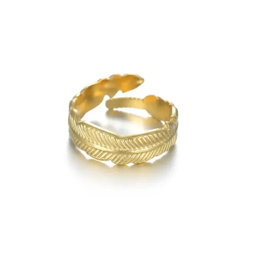 RTM2531 Women's 14K Gold Leaf Stainless Steel Adjustable Ring Non-Tarnish Open Band