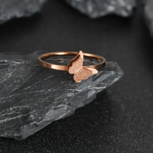 RTM1311 Lucky Cat & Butterfly S Style Small Ring Stainless Steel,Rose Gold Electroplated Jewelry