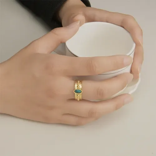 RTM2448 Dongdaemun 14K Gold Turquoise Ring Gemstone Geometric Women's Band