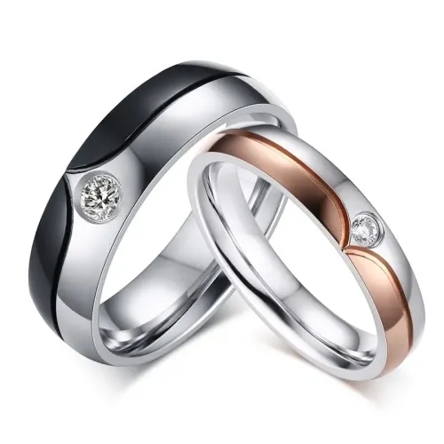 RTM2263 4mm & 6mm Stainless Steel Couple Rings Diamond Accent Jewelry