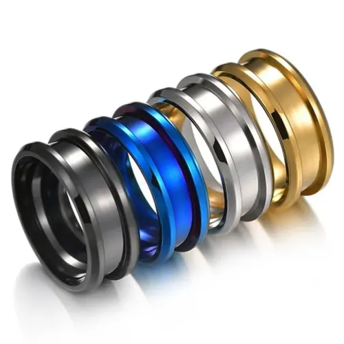 RTM2624 Exquisite 8mm Wide Stainless Steel Ring with Double Slanted Grooves Bold Design