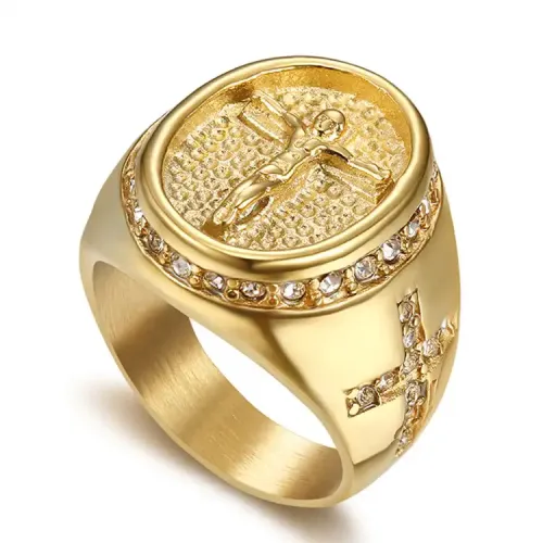 RTM249 Diamond Gold-Plated Cross Ring Men's Titanium Stainless Steel Religious Jewelry