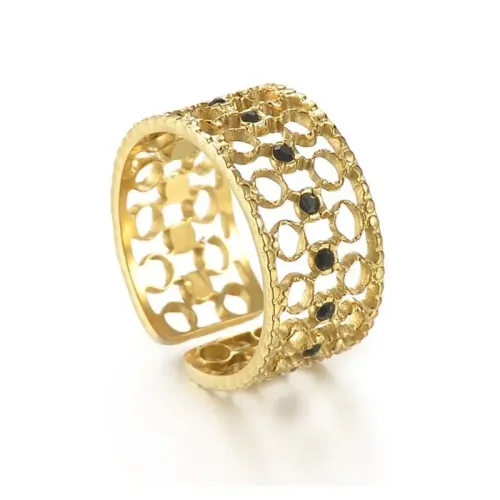 RTM2494 Women's 14K Gold Honeycomb Ring with Black Diamond Stainless Steel Hollow Design