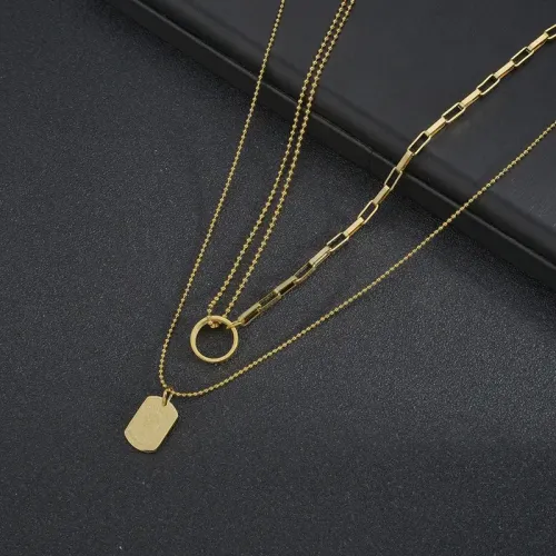 RTM2421 Women's Double Layer Ring Pendant & Military Tag Necklace Stainless Steel Jewelry
