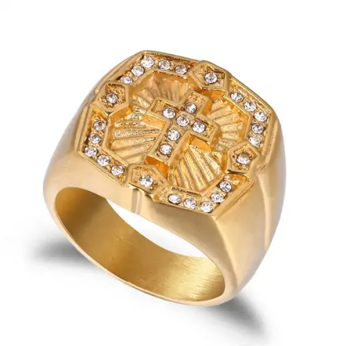 RTM239 Rhinestone Cross Titanium Steel Ring Punk Stainless Steel Religious Jewelry Set