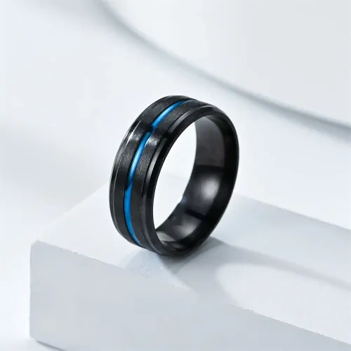 RTM2819 Modern Two-Tone Men's Ring Black & Blue Bevel Design