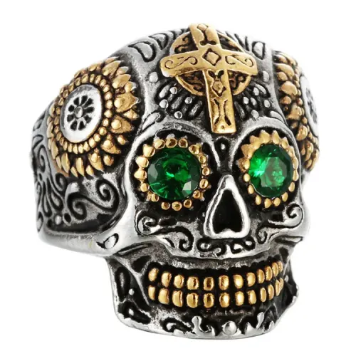 RTM1501 Men's Skull Ring Gabala Carved Stainless Steel with Green Eye Detail