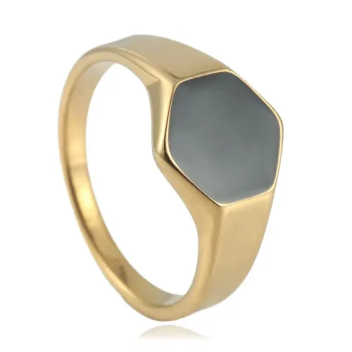 RTM1634 Hexagonal Black Epoxy Stainless Steel Ring for Women Chic Jewelry