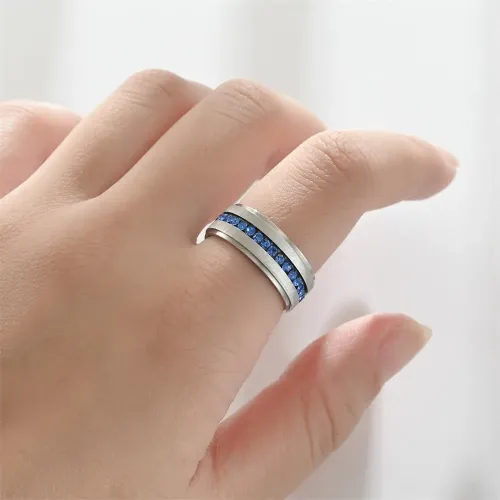 RTM2694 Luxurious Full Diamond Blue Men's Ring with Step Horizontal Sand Circle Design