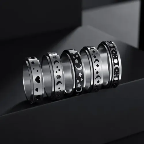 RTM1323 Rotating Decompression Stainless Steel Ring Sun Star Moon Design for Men