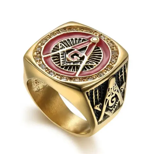 RTM257 Masonic AG Titanium Steel Men's Ring with Diamond Religious Dripping Oil Jewelry