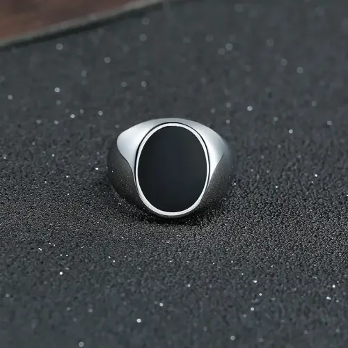 RTM106 Black Oval Stainless Steel Ring Men's Oil-Dripping Design in Steel Color