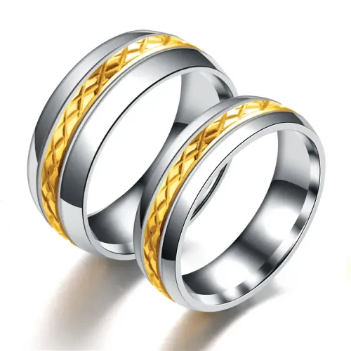 RTM758 Elegant Two-Tone Carved K Gold & Stainless Steel Couple Rings