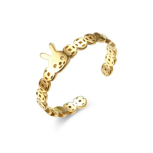 RTM918 Lucky Female Rabbit Hollow Ring with Copper Coin Stainless Steel Good Luck Charm