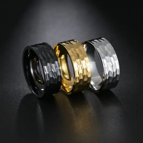 RTM1375 8MM Flower Hammered Pattern Stainless Steel Ring Vacuum Electroplated Jewelry