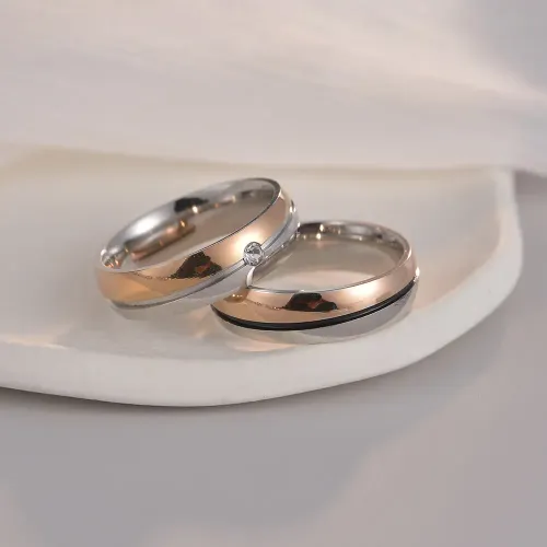 RTM1197 6mm Stainless Steel Couple Rings Diamond Accent & Non-Fading Oblique Plating