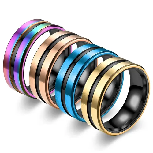 RTM2863 Elegant Beveled Edge Slotted Gold Bottom Colorful Black Ring Luxury Jewelry