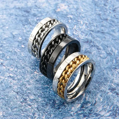 RTM2185 Men's Stainless Steel Ring with Roman Numerals Beer Bottle Opener Chain Feature
