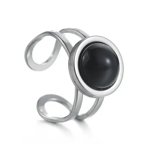 RTM2588 Black & White Bead Adjustable Ring Stainless Steel Unisex Couple Jewelry