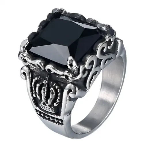 RTM603 Black Zircon Crown Ring Punk Stainless Steel Men's Jewelry