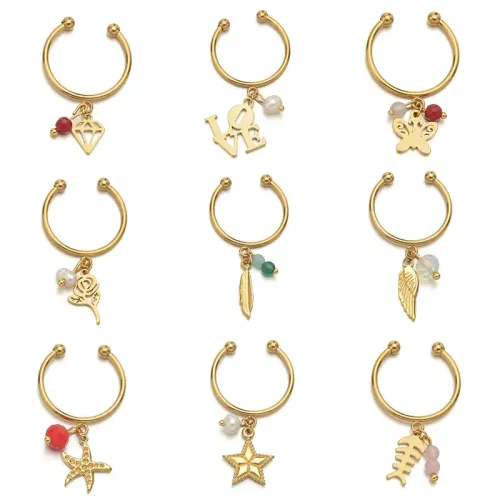 RTM2536 Adjustable Stainless Steel Ring for Women with Pearl Pendant & Rice Beads Elegant Jewelry