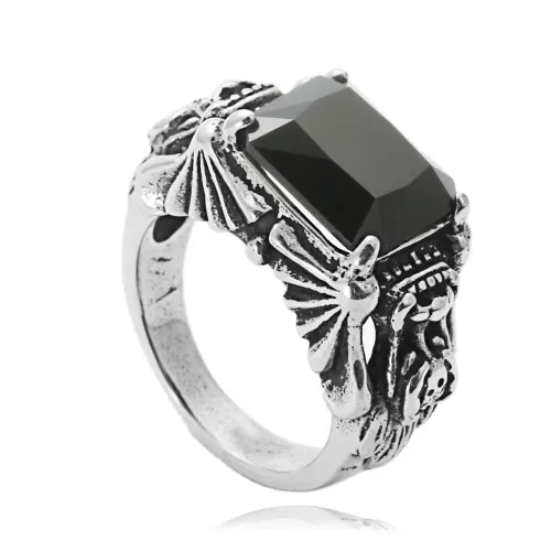 RTM1706 Black Gemstone Punk Ring Stainless Steel Pixiu Design Accessory