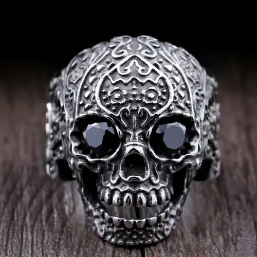 RTM2356 Human Punk Skull Ring Stainless Steel with Inlaid Zirconia & Engraving