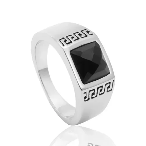 RTM2101 Black Sapphire Stainless Steel Ring with Great Wall Pattern for Men