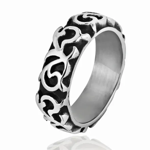 RTM2120 Punk-Style Stainless Steel Ring with Engraved Flower Design for Men