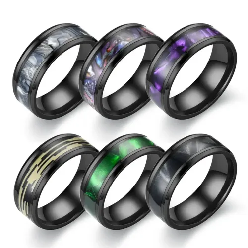 RTM2782 Elegant Black Ring with Colorful Purple Shell Unique Fashion Accessory
