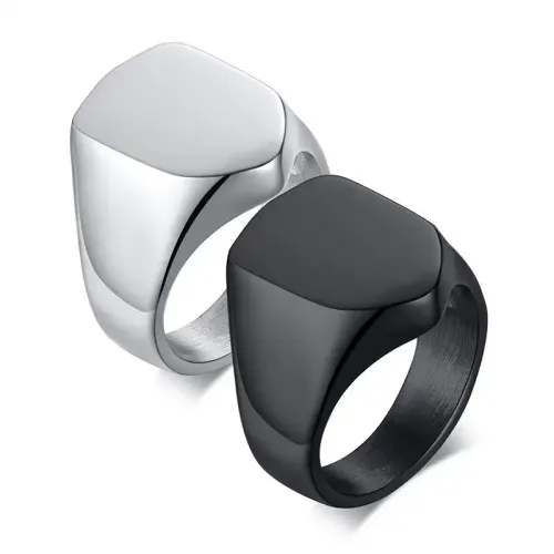RTM137 Men's Silver Black Pentagon Shield Ring Available Band Styles