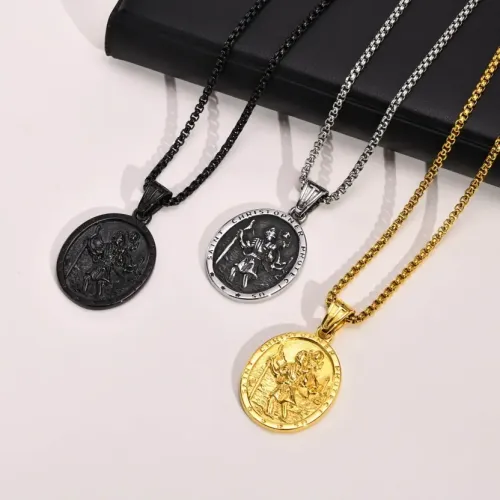 NTM421 Men's St. Christopher Oval Pendant Black Stainless Steel Necklace