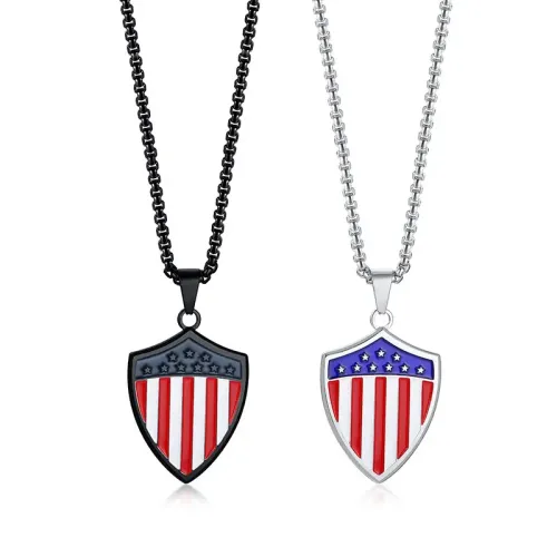 NTM405 American Flag Shield Pendant Black Stainless Steel Necklace for Men