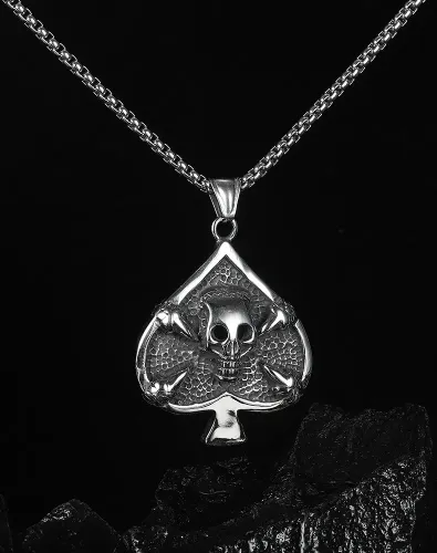 NTM88 Spades Skull Poker Men's Necklace Titanium Steel Gothic Jewelry
