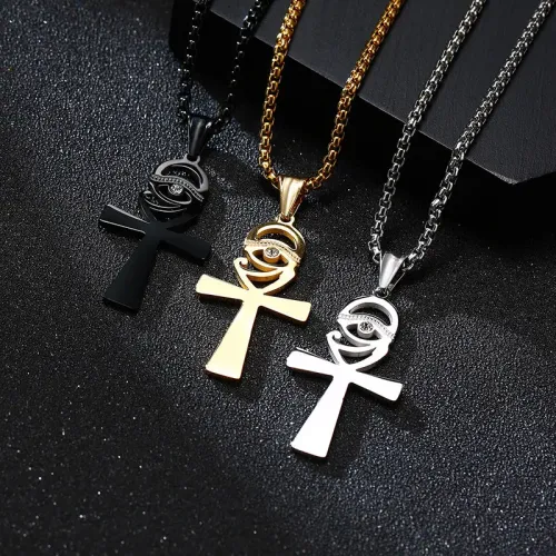 NTM370 Men's Black Ankh Cross Necklace Zircon Stainless Steel Pendant Jewelry
