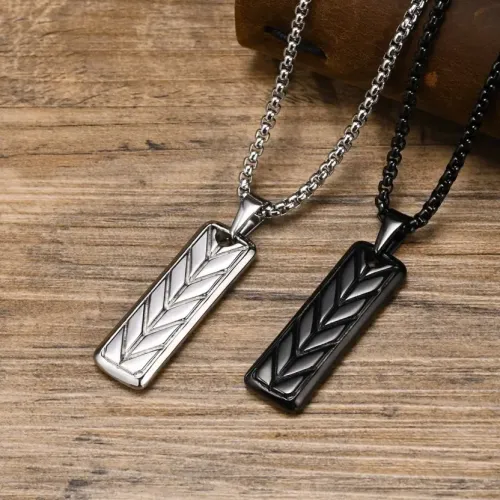 NTM474 Men's Black Titanium Steel Wheat Ear Geometric Necklace Rectangular Pendant