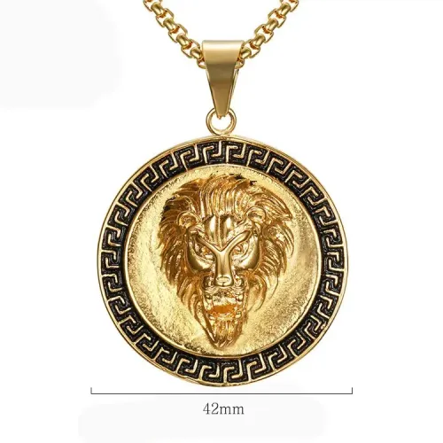 NTM709 Lion Head Pendant Punk Tiger Titanium Steel Necklace with Great Wall Pattern