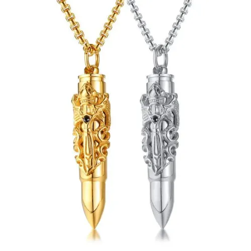 NTM407 Gold Silver Double Dragon Sword Bullet Pendant Men's Stainless Steel Necklace