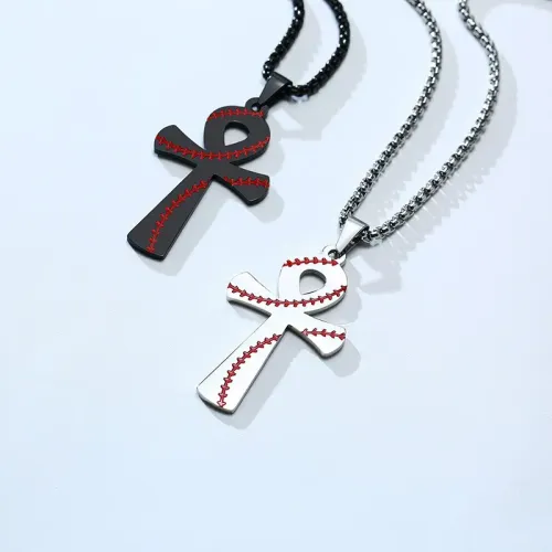 NTM415 Black Stainless Steel Ankh Cross Pendant Men's Baseball Necklace